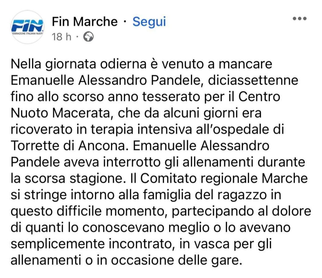 #Covid, non ce l'ha fatta il giovane nuotatore. Il cordoglio della FIN Marche. Affetto da altre patologie, non si era potuto vaccinare