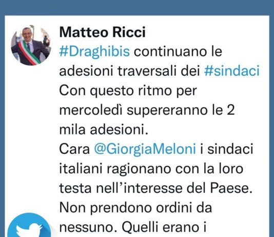 1000 sindaci firmano per Draghi. 30 i marchigiani, tra loro Ricci e Mancinelli, ma anche Gambini di Urbino. Acquaroli contesta l’iniziativa